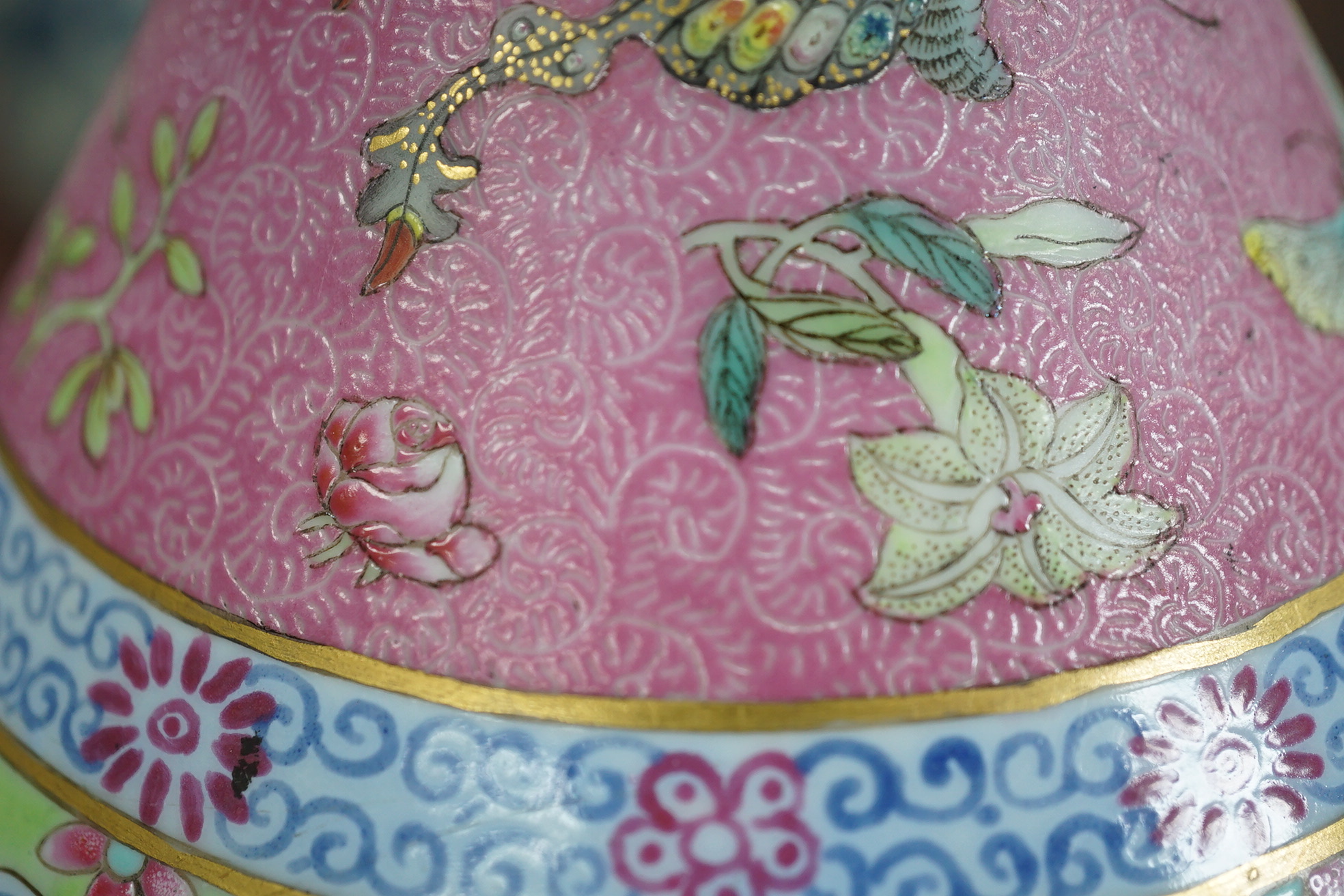 A Chinese pink-ground sgraffito pear-shaped vase, yuhuchunping, Daoguang six character seal mark and of the period (1821-50)